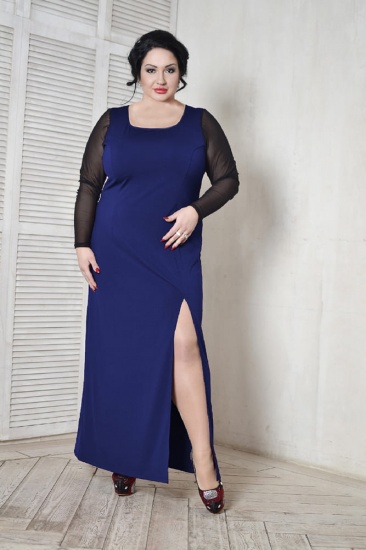 Платье с высоким разрезом и рукавом из сетки, темно-синее