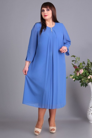 Свободное платье с декоративными складками спереди, голубое