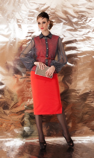 Комплект из платья без рукавов и прозрачной блузы с блеском, красный