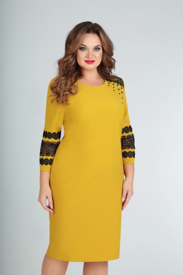 Платье с кружевной отделкой и бусинами, желтое